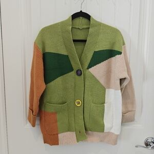 Oversized Color Block Cardigan With Colorful Big Buttons